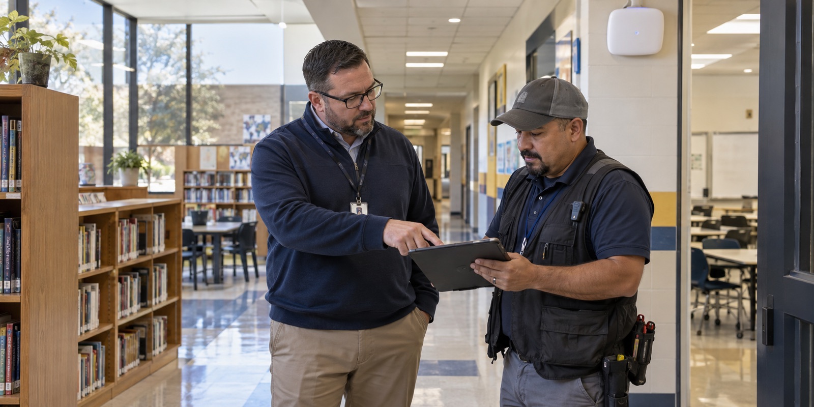 A school IT director and network technician reviewing network plans in a school library